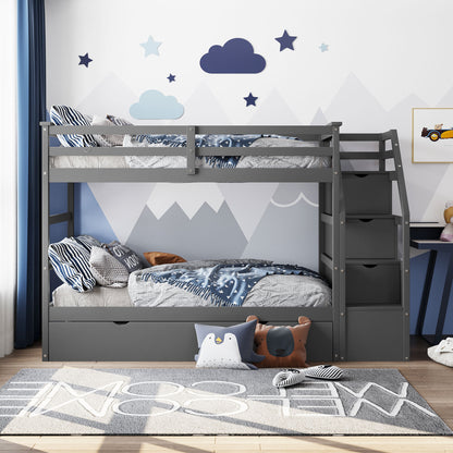 Twin-Over-Twin Bunk Bed with Twin Size Trundle and 3 Storage Stairs (Gray)