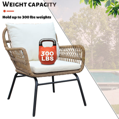 3PCS Outdoor Patio Balcony Natural Color Wicker Chair Set with Beige Cushion and Round Tempered Glass Table