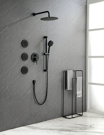 Shower System with Shower Head, Hand Shower, Slide Bar, Bodysprays, Shower Arm, Hose, Valve Trim, and Lever Handles