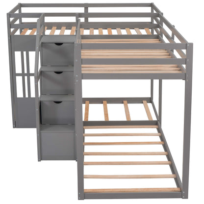 Twin over Twin L-Shaped Bunk Bed with Built-in Middle Staircase,Gray