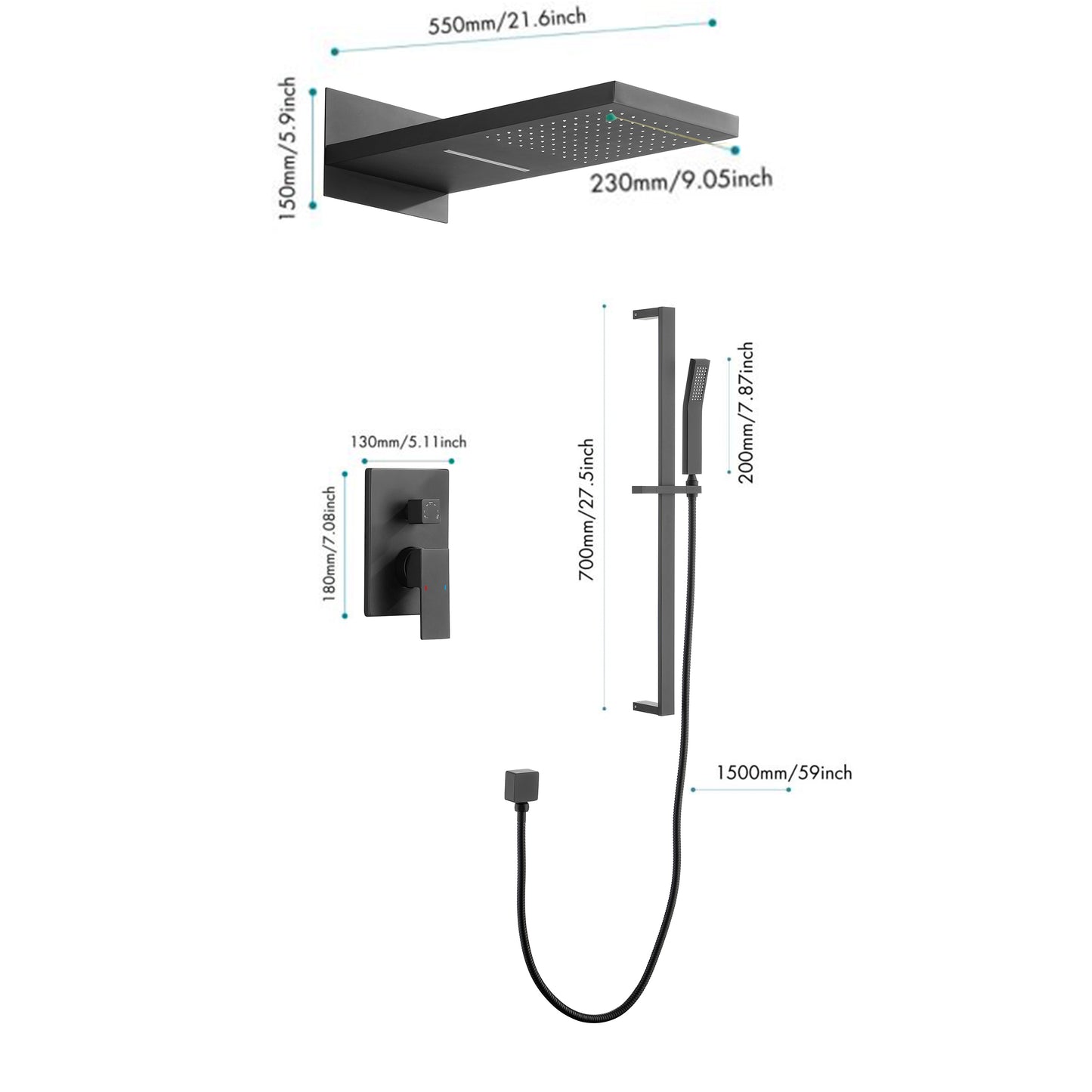 Pressure Balanced Shower System with Shower Head, Hand Shower, Slide Bar, Shower Arm, Hose, and Valve Trim