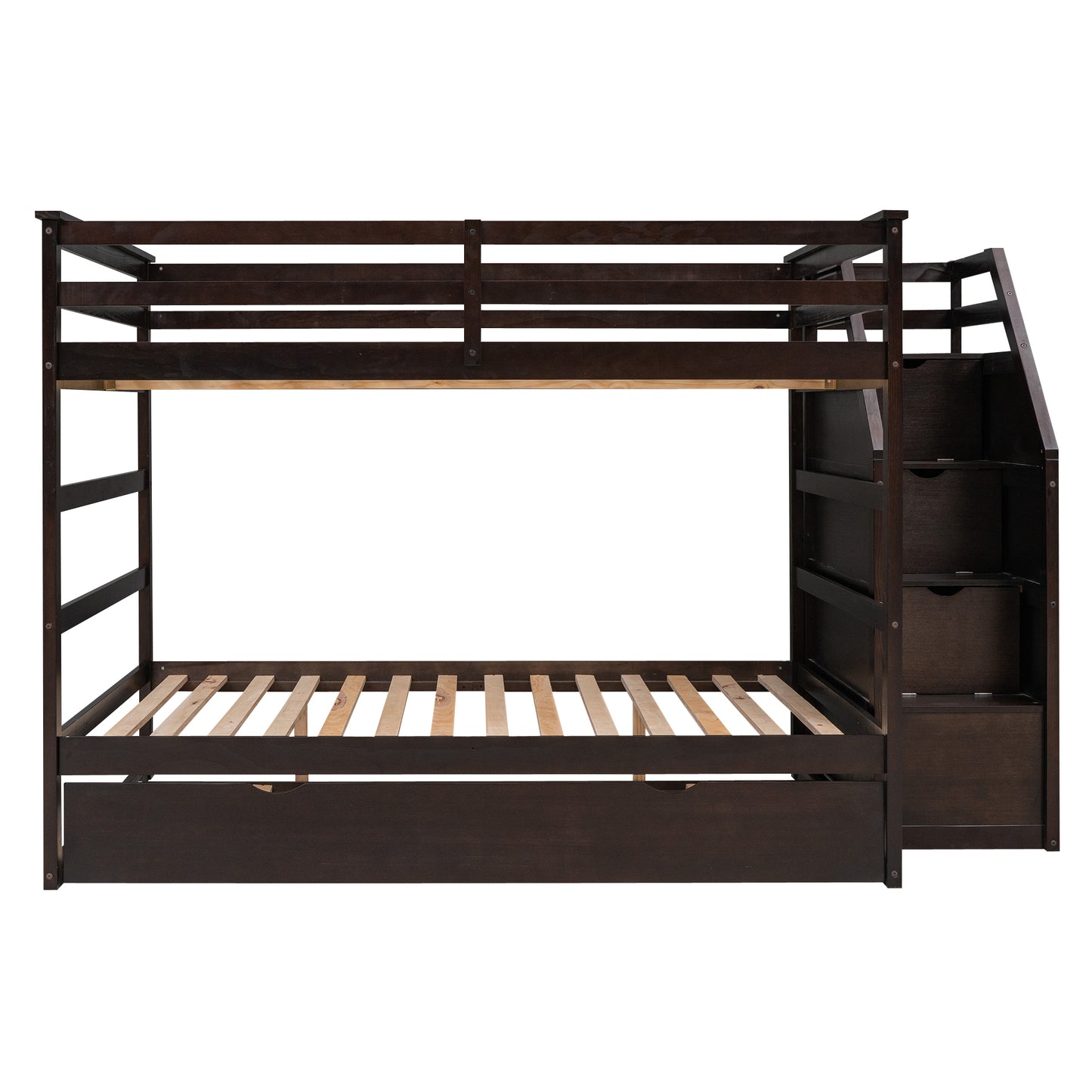 Full-over-Full Bunk Bed with Twin Size Trundle and 3 Storage Stairs,Espresso