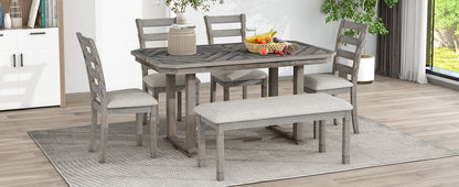 TREXM 6-Piece Rubber Wood Dining Table Set with Beautiful Wood Grain Pattern Tabletop Solid Wood Veneer and Soft Cushion (Gray)