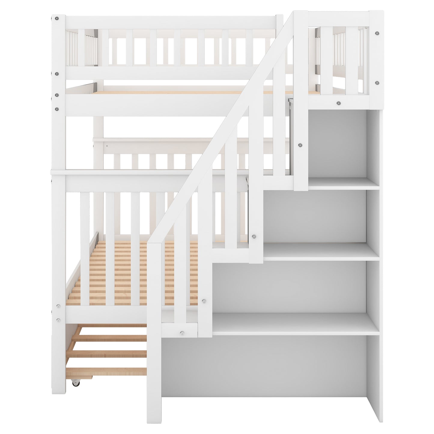 Full over Full Bunk Bed with Trundle and Staircase,White