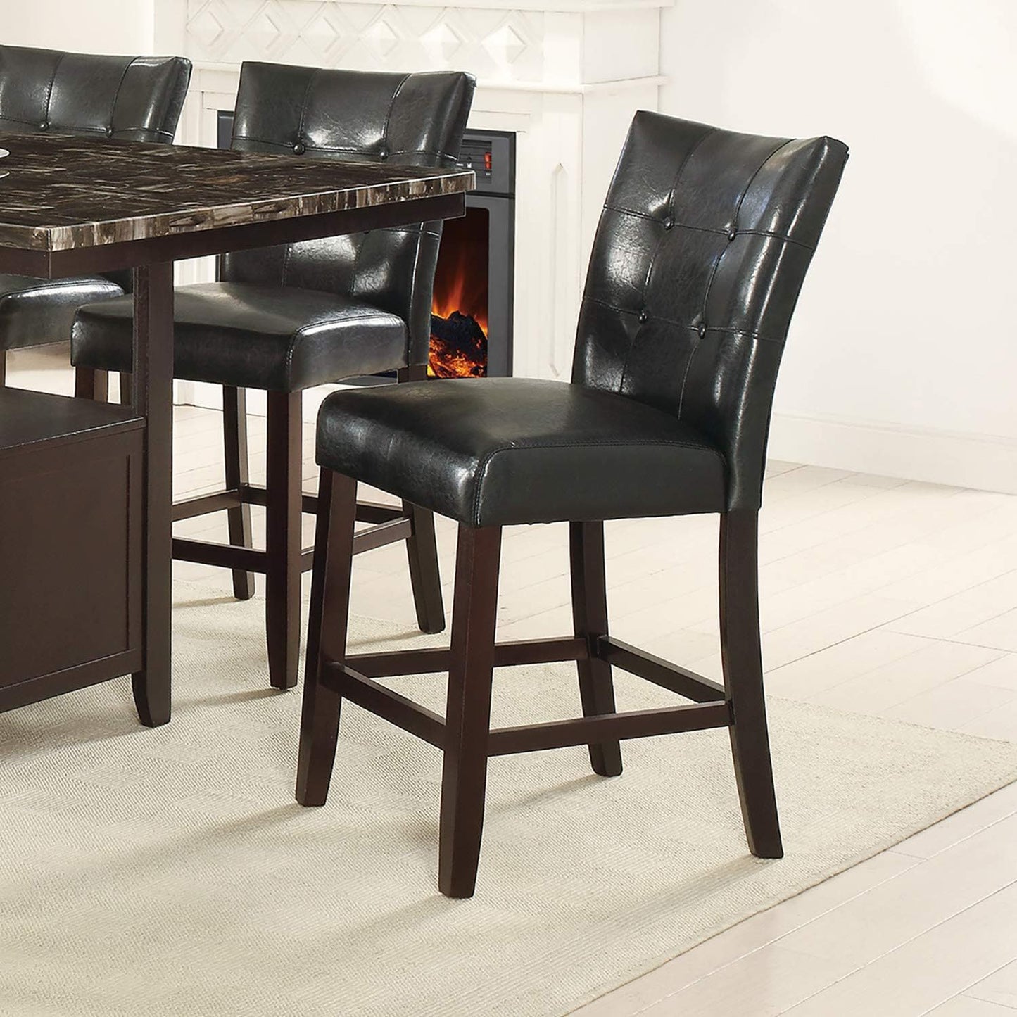 Modern Counter Height Chairs Black Faux Leather Tufted Set of 2 High Chairs Dining Seating