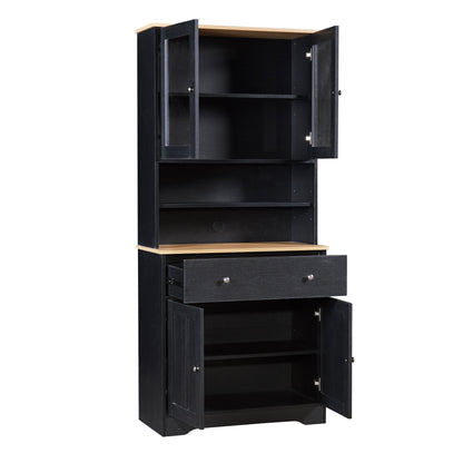 TREXM 70.9" Multifunctional Pantry Cabinet MDF Storage Cabinet with Glass Doors, A Large Drawer and Adjustable Shelves (Black)