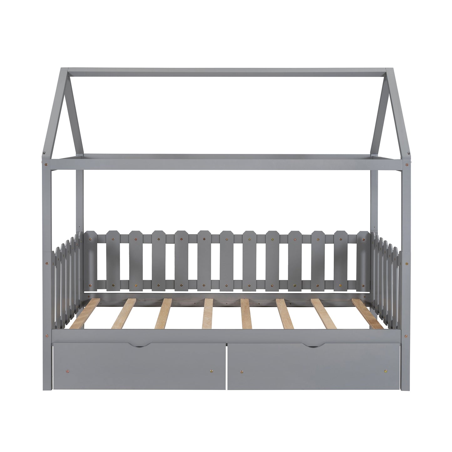 Twin Size House Bed with drawers, Fence-shaped Guardrail, Gray