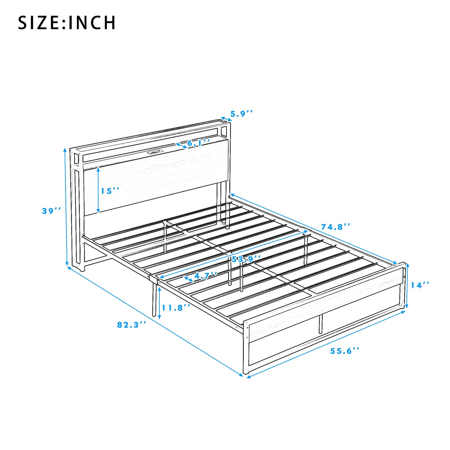 Full Size Metal Platform Bed Frame with Sockets, USB Ports and Slat Support ,No Box Spring Needed Black