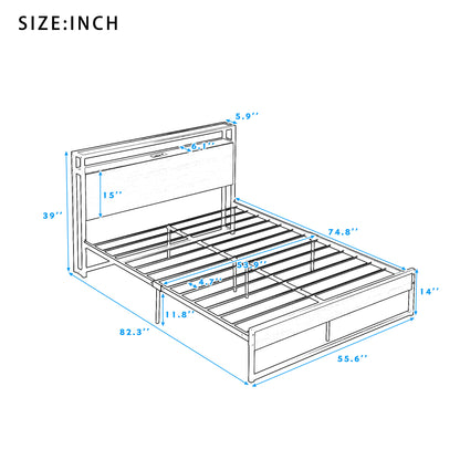 Full Size Metal Platform Bed Frame with Sockets, USB Ports and Slat Support ,No Box Spring Needed Black