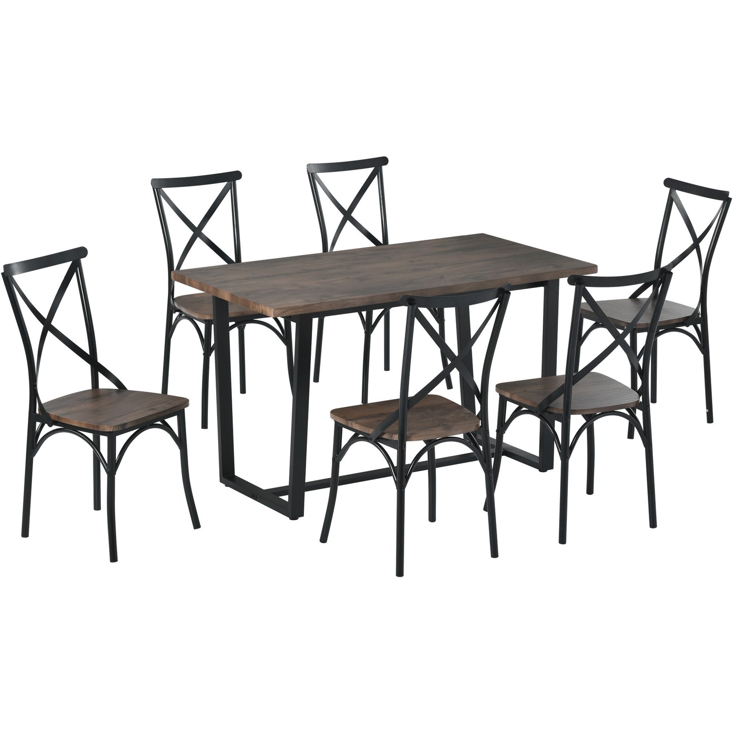 TREXM 7 Piece Industrial Dining Table Set Rectangular Table with 6 Dining Chairs Kitchen Table Set with Metal Frame (Rustic Brown)