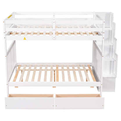 Full Over Full Bunk Bed with 2 Drawers and Staircases, Convertible into 2 Beds, the Bunk Bed with Staircase and Safety Rails for Kids, Teens, Adults, White