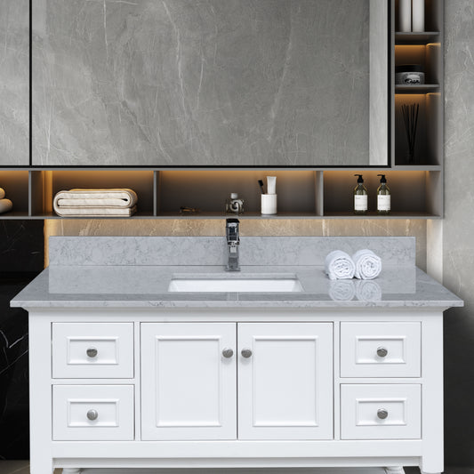 Montary 43 inches bathroom stone vanity top calacatta gray engineered marble color with undermount ceramic sink and single faucet hole with backsplash