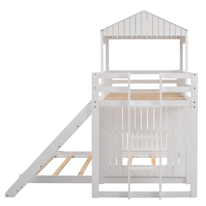 Wooden Twin Over Full Bunk Bed, Loft Bed with Playhouse, Farmhouse, Ladder, Slide and Guardrails, White(OLD SKU :LP000028AAK)