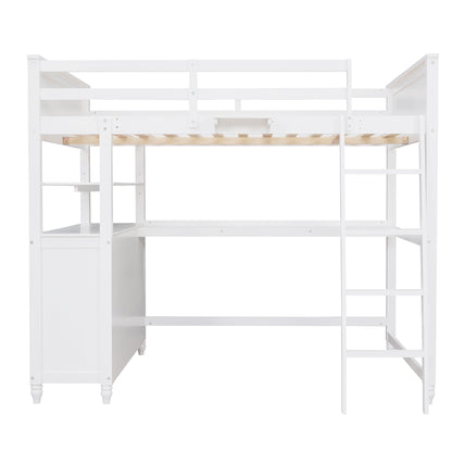 Full size Loft Bed with Drawers and Desk, Wooden Loft Bed with Shelves - White(OLD SKU:LT000529AAK)