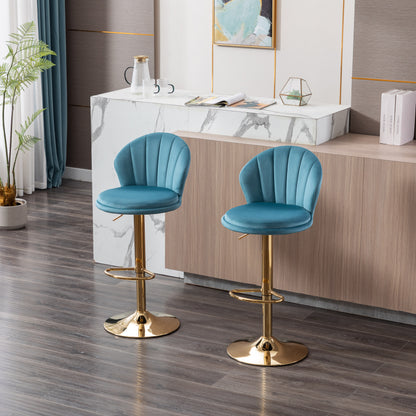 Set of 2  Bar Stools,with Chrome Footrest and Base Swivel Height Adjustable Mechanical Lifting Velvet + Golden Leg Simple Bar Stool-Baby Blue