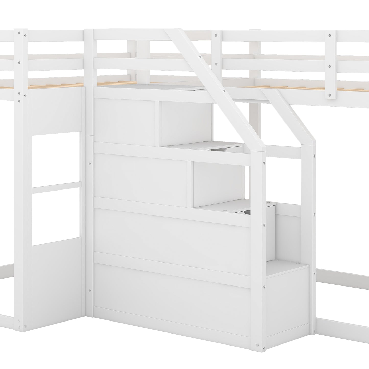 Twin over Twin L-Shaped Bunk Bed with Built-in Middle Staircase,White