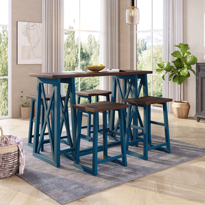 TOPMAX Rustic Counter Height 5-Piece Dining Set, Wood Console Table Set with 4 Stools for Small Places,Walnut+Blue