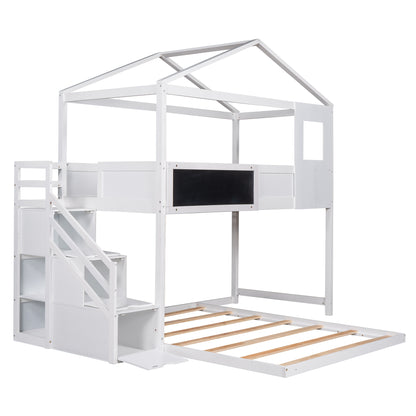 Twin over Full House Bunk Bed with Storage Staircase and Blackboard,White