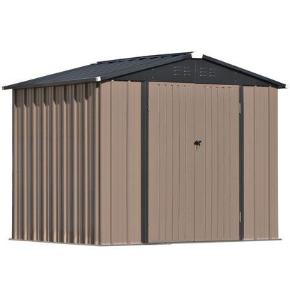 TOPMAX Patio 8ft x6ft Bike Shed Garden Shed, Metal Storage Shed with Lockable Doors, Tool Cabinet with Vents and Foundation Frame for Backyard, Lawn, Garden, Brown