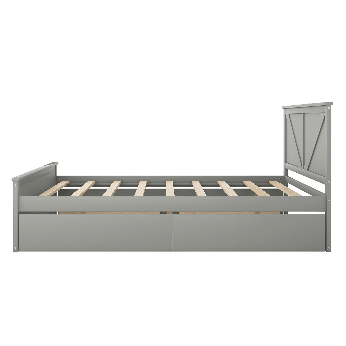 Queen Size Wooden Platform Bed with Four Storage Drawers and Support Legs, Gray