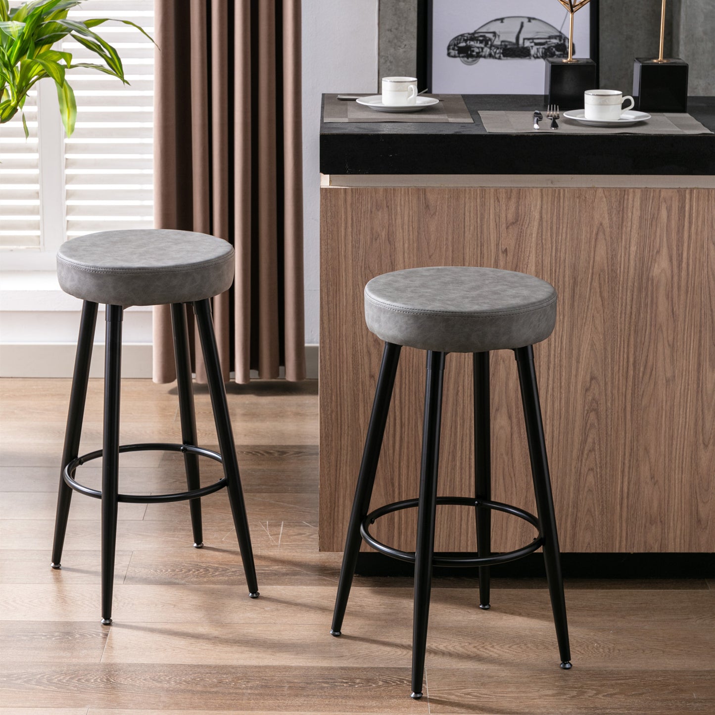 A&A Furniture,Metal Bar Stools,  Round Kitchen Counter Stools, Industrial Round Barstool, Bar Chairs, 28 Inch for Counter Pub Height Set of 2 (Gray)