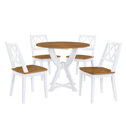 TOPMAX  Mid-Century 5-Piece Round Dining Table Set with Trestle Legs and 4 Cross Back Dining Chairs, Antique Oak+White