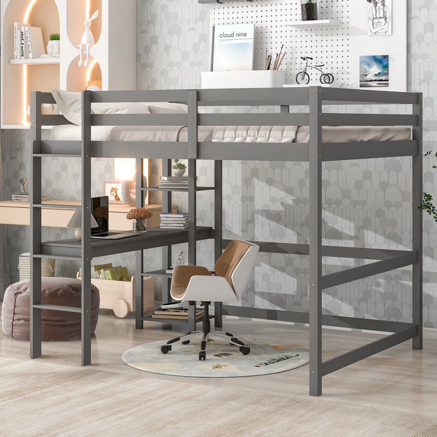 Full Loft Bed with Desk and Shelves,Gray