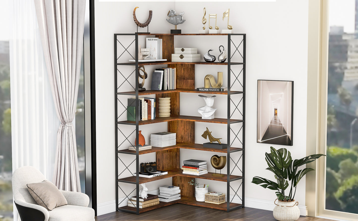 7-Tier Bookcase Home Office Bookshelf,  L-Shaped Corner Bookcase with Metal Frame, Industrial Style Shelf with Open Storage, MDF Board