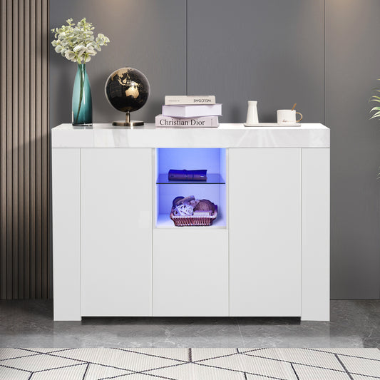 Kitchen Sideboard Cupboard with LED Light, White High Gloss Dining Room Buffet Storage Cabinet Hallway Living Room TV Stand Unit Display Cabinet with Drawer and 2 Doors