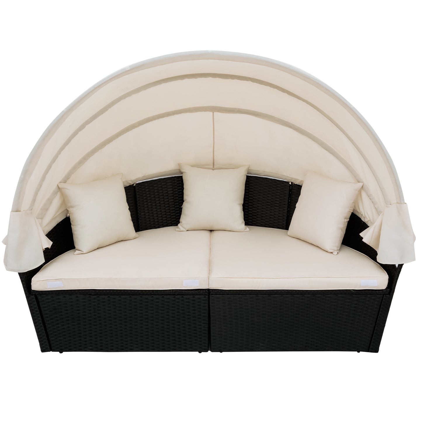 Outdoor rattan daybed sunbed with Retractable Canopy Wicker Furniture, Round Outdoor Sectional Sofa Set, black Wicker Furniture Clamshell  Seating with Washable Cushions, Backyard, Porch, Beige.