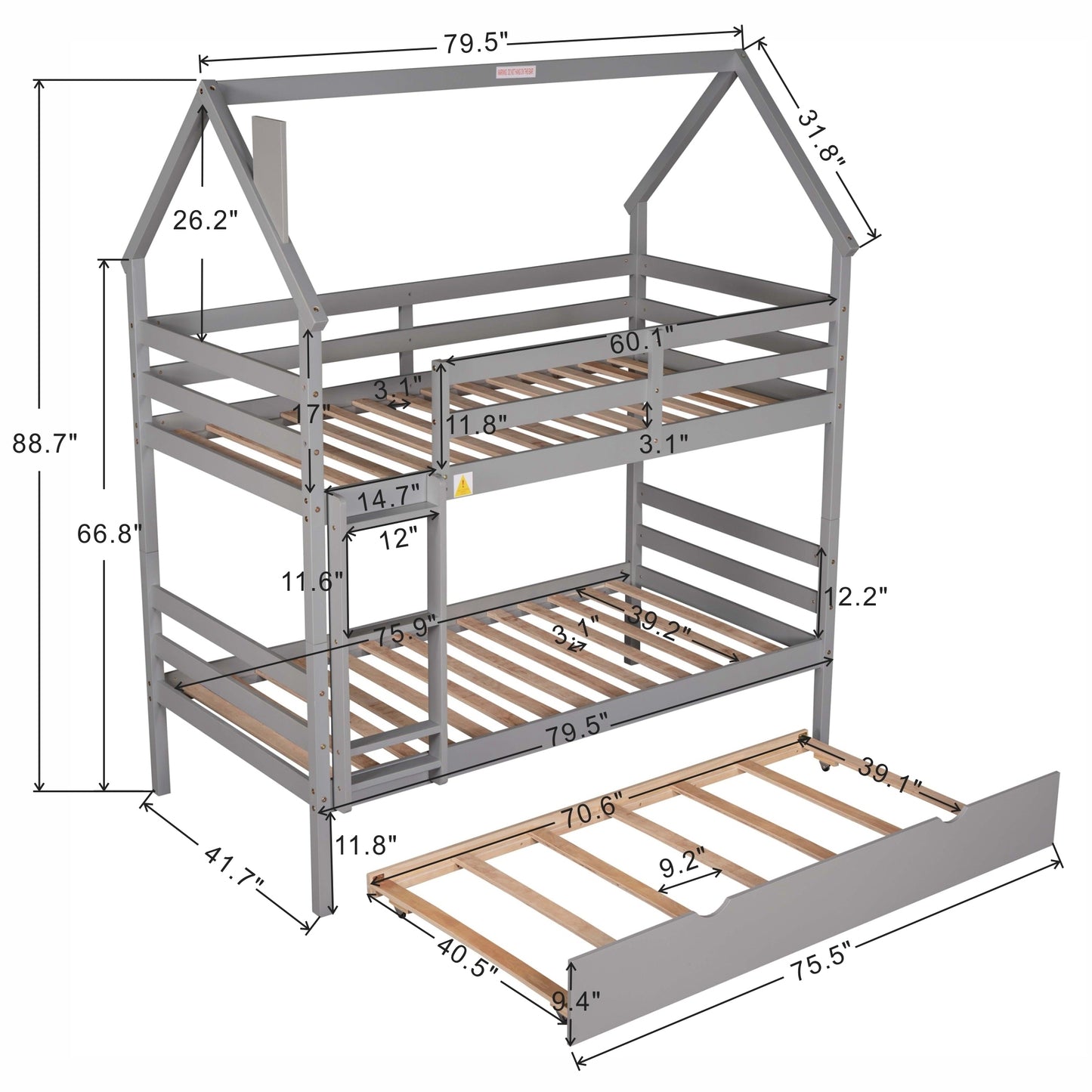 Twin over Twin House Bunk Bed with Trundle and Chimney Design,Gray