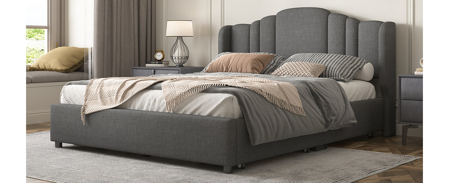 Upholstered Platform Bed with Wingback Headboard and 4 Drawers, No Box Spring Needed, Linen Fabric, Queen Size Gray