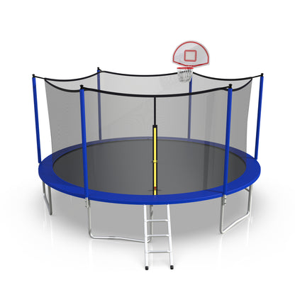 16ft Trampoline with Enclosure, New Upgraded Kids Outdoor Trampoline with Basketball Hoop and Ladder, Heavy-Duty Round Trampoline，Blue