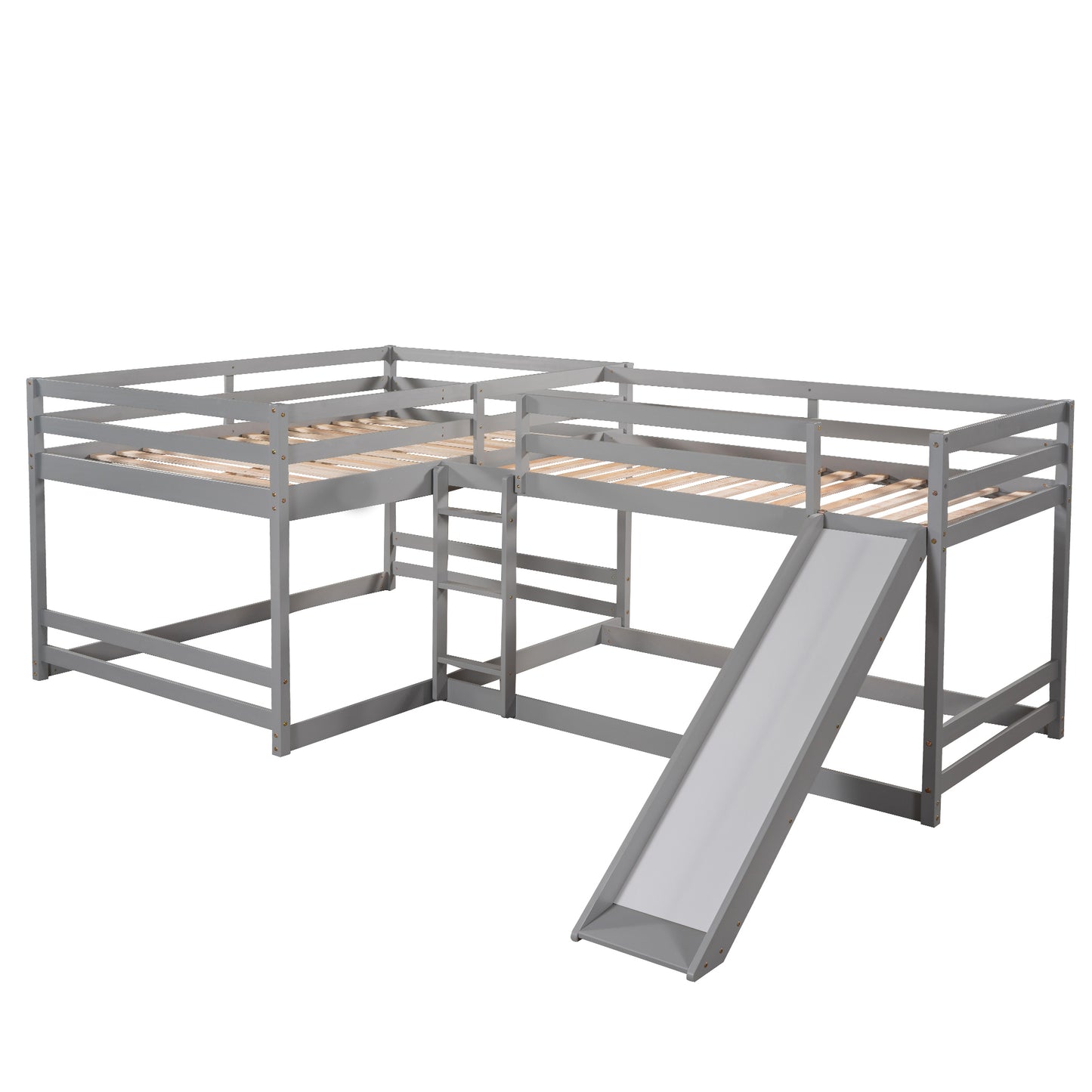 Full and Twin Size L-Shaped Bunk Bed with Slide and Short Ladder,Gray