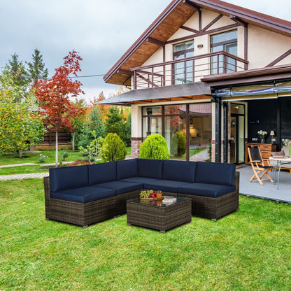 Outdoor Garden Patio Furniture 6-Piece Dark Gray PE Rattan Wicker Sectional Navy Cushioned Sofa Sets