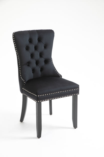 Upholstered Button Tufted Back Black Velvet Dining Chair with Nailhead Trim and Solid Wood Legs 2 Sets