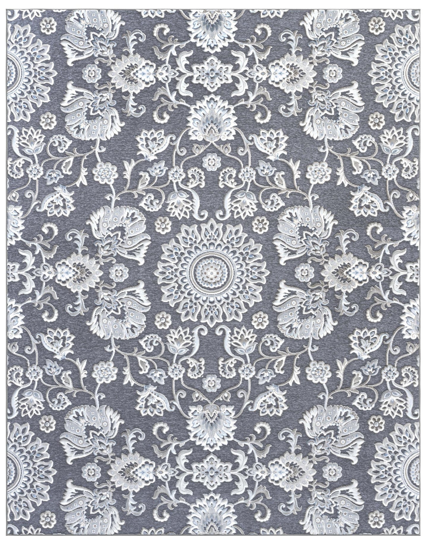 Lily Gray, Ivory, Blue Chenille and Viscose High - Low Area Rug 8x10