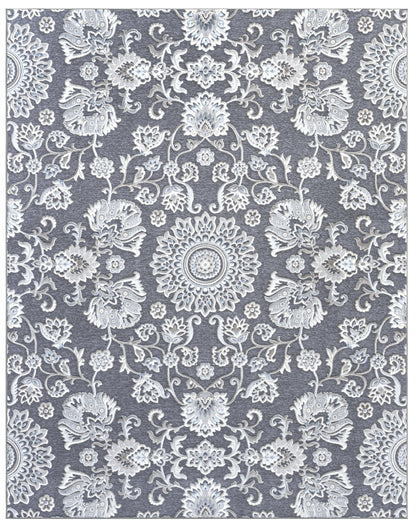 Lily Gray, Ivory, Blue Chenille and Viscose High - Low Area Rug 8x10