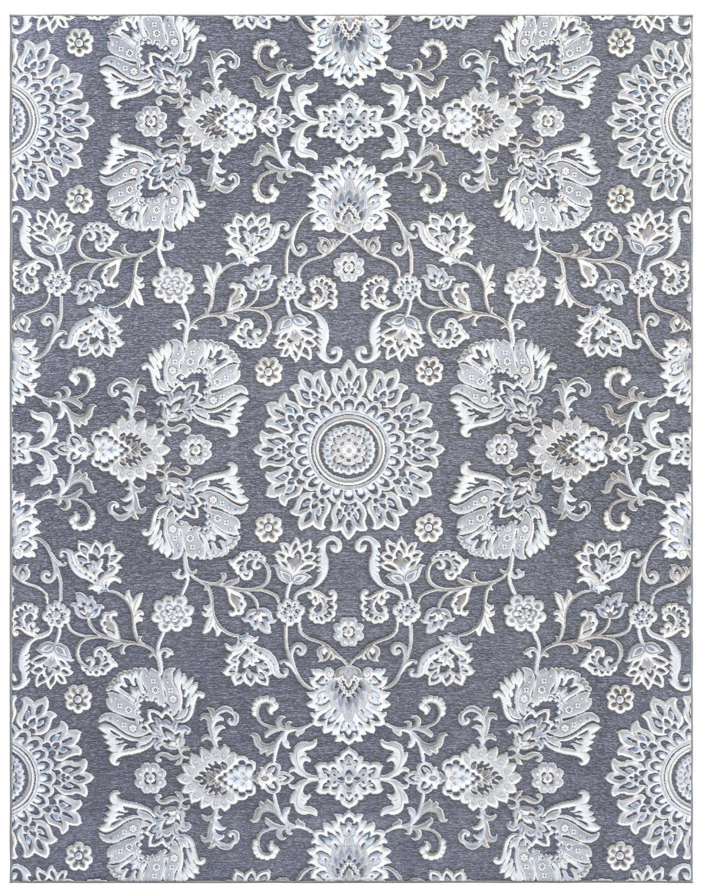 Lily Gray, Ivory, Blue Chenille and Viscose High - Low Area Rug 5x8