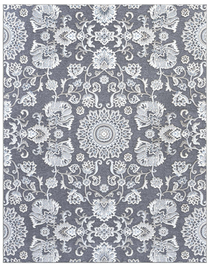 Lily Gray, Ivory, Blue Chenille and Viscose High - Low Area Rug 5x8