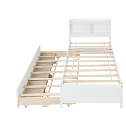 Twin Bed with Bookcase,Twin Trundle,Drawers,White