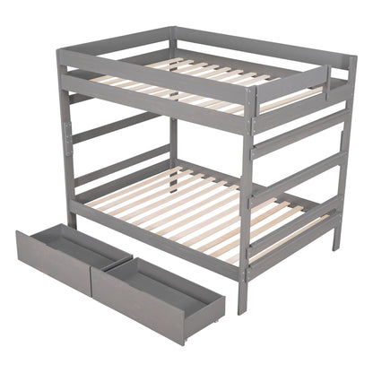 Full over Full Wood Bunk Bed with 2 Drawers, Gray