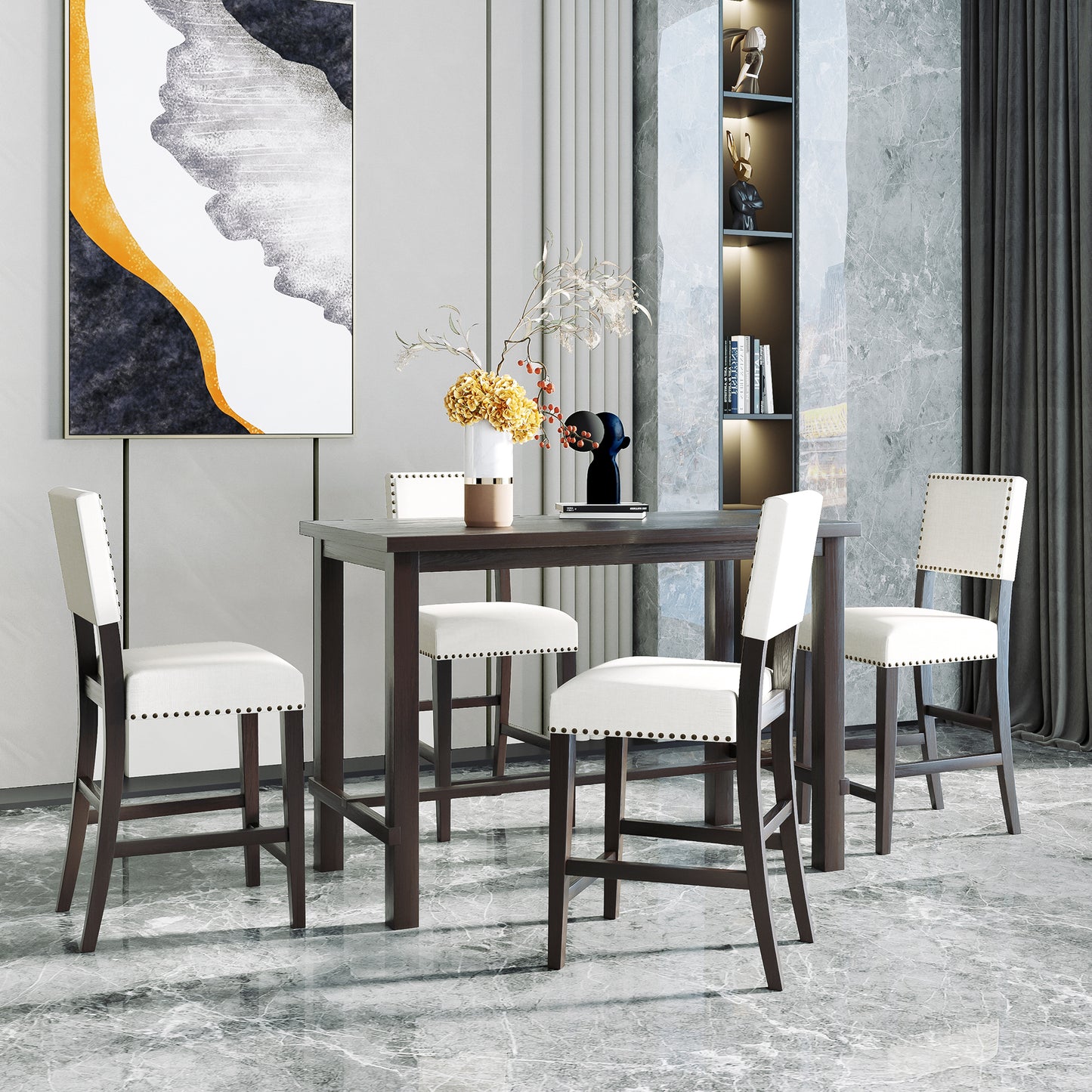 TREXM 5-Piece Counter Height Dining Set, Classic Elegant Table and 4 Chairs in Espresso and Beige