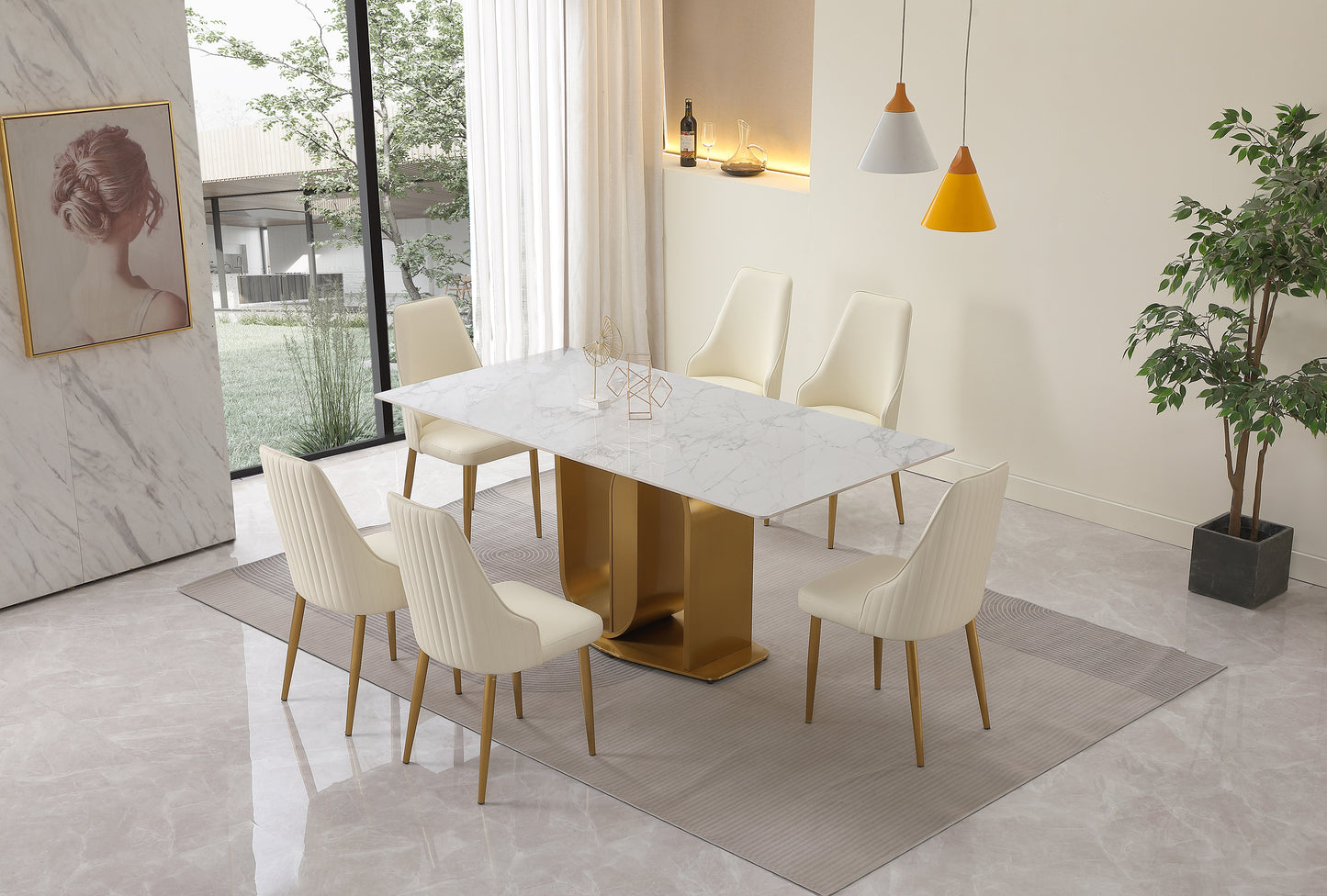 71" Contemporary Dining Table  Sintered Stone  U shape Pedestal Base in Gold finish with 6 pcs Chairs .