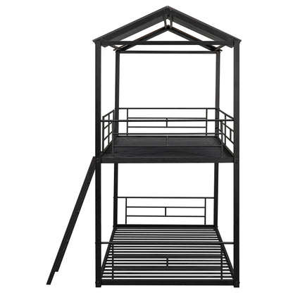 Twin Over Twin Bunk Bed Metal Bed with Half Roof, Guardrail and Ladder Black