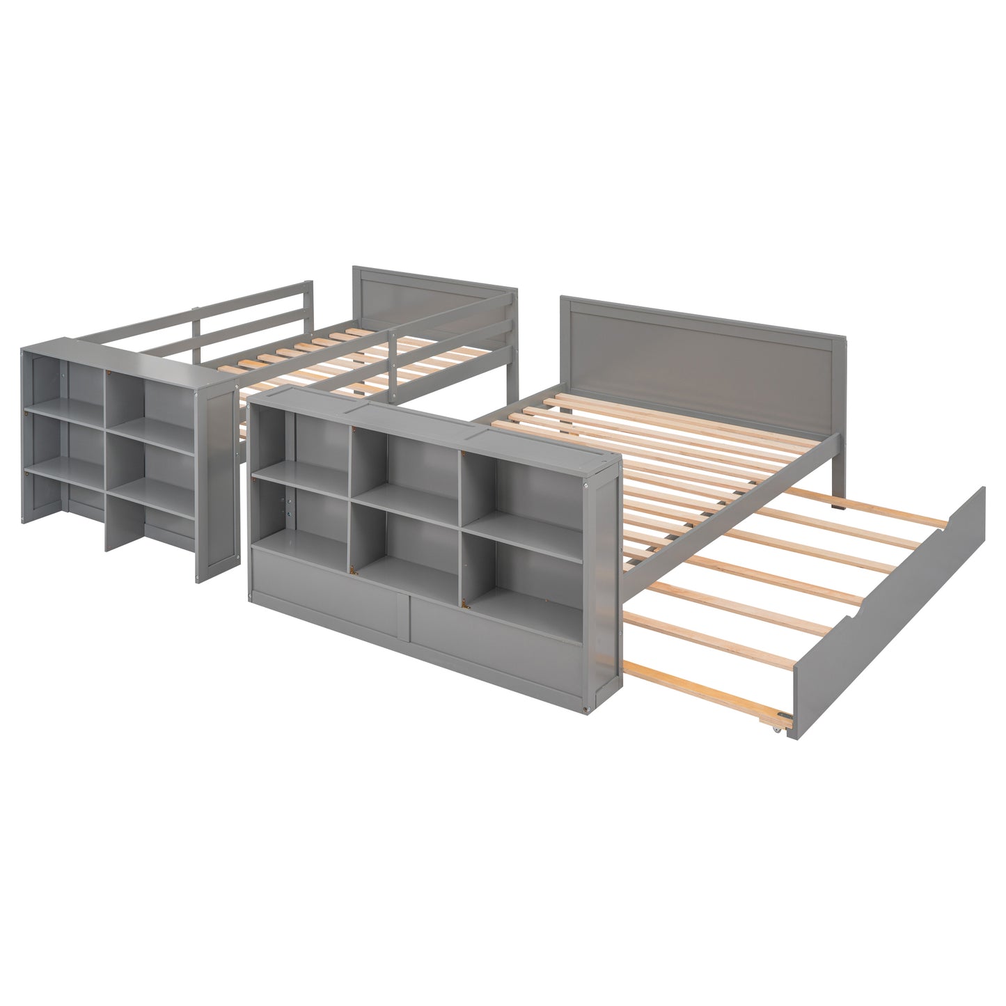 Twin over Full Bunk Bed with Trundle and Shelves, can be Separated into Three Separate Platform Beds, Gray