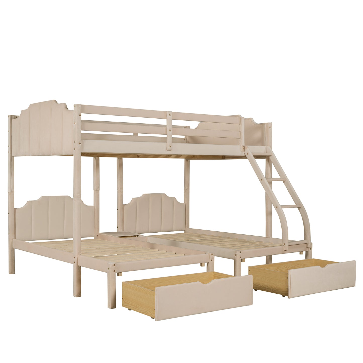 Full Over Twin & Twin Bunk Bed, Velvet Triple Bunk Bed with Drawers and Guardrails, Beige