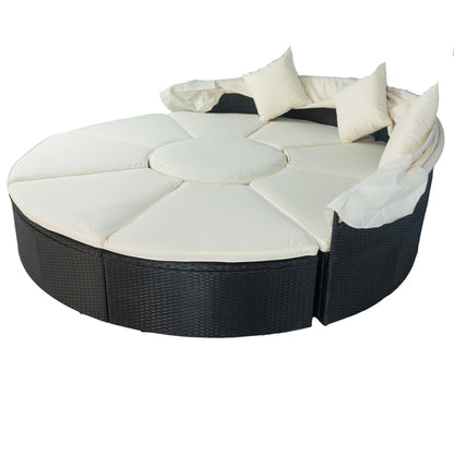 Outdoor Patio Round Daybed with Retractable Canopy Rattan Wicker Furniture Sectional Seating with Washable Cushions for Patio Backyard Porch Pool