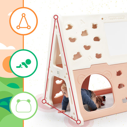 7-in-1 Toddler Climber and Slide Set Kids Playground Climber Slide Playset with Tunnel, Climber, Whiteboard,Toy Building Block Baseplates, Basketball Hoop Combination for Babies