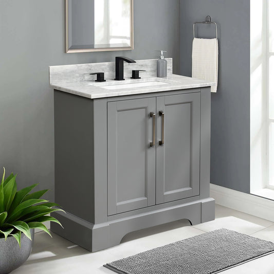 30” Single Solid Wood Bathroom Vanity Set, with Drawers, Carrara White Marble Top, 3 Faucet Hole